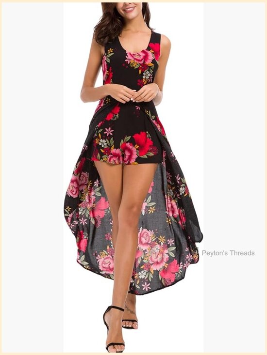 Dresses & Skirts - Sleeveless Scoop Neck Floral Rayon Party Split Maxi Romper Dress